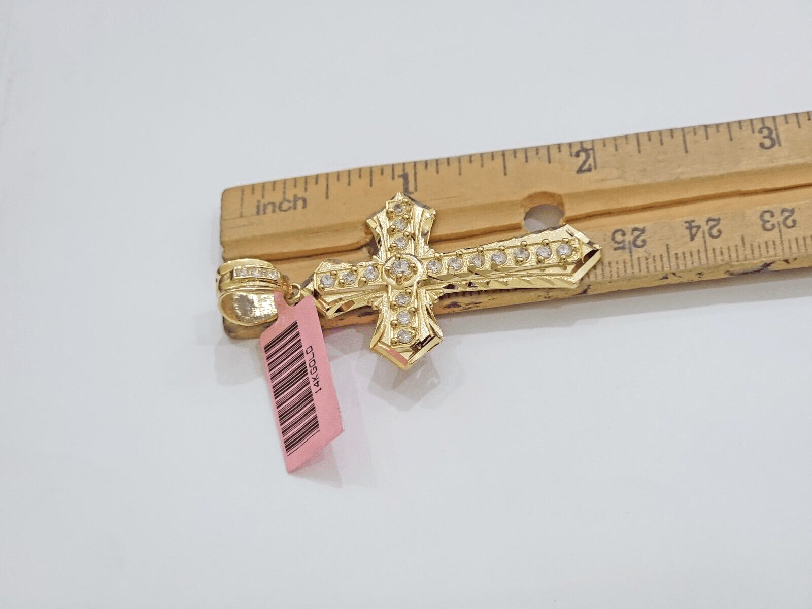 Real 14k Yellow Gold Cross Charm Pendant 2 Inch Diamond Cuts CZ Charm For Chains - GoldenlinQ